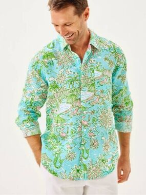 Lilly Pulitzer Men's Turquoise Floral Resort Button-Down Addison Shirt